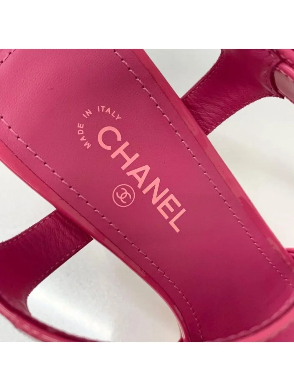 Chanel CC Logo Patent Strap Sandals Pink